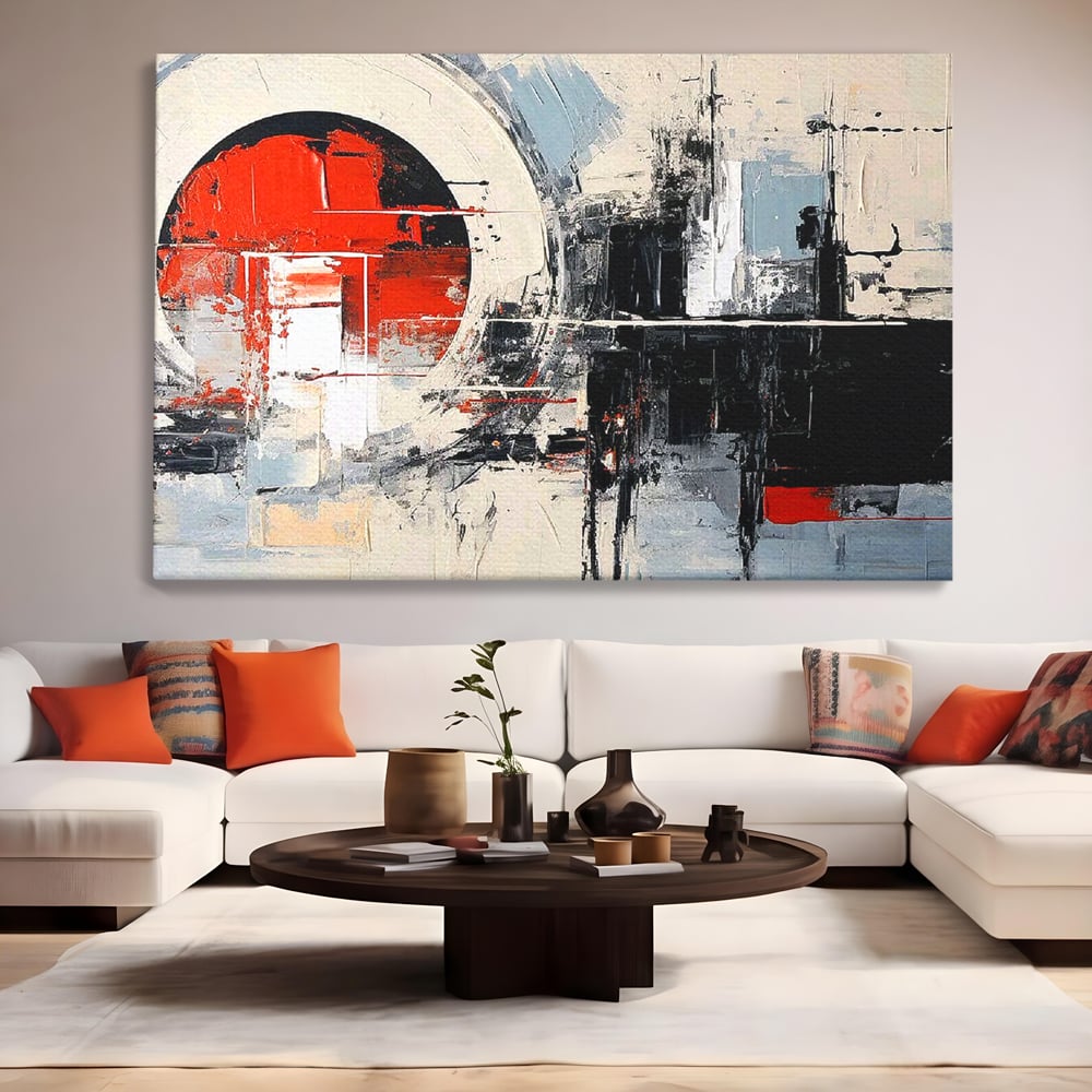 Tablou canvas cu tablou canvas cu cerc rosu si geometrie abstracta, fara rama, pe sasiu de lemn, pe perete intr-un living